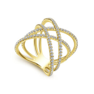 Gabriel & Co yellow gold crisscross ring angled view